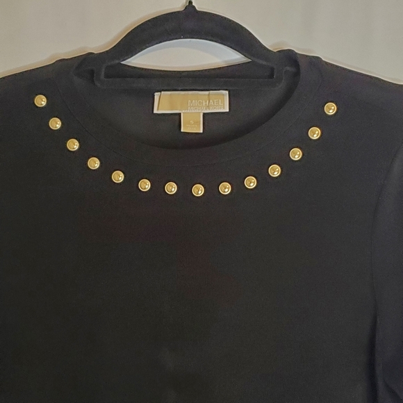 Michael Kors Size S, Black slinky soft knit 3/4 sl dress w/gold grommet trim - Picture 3 of 9